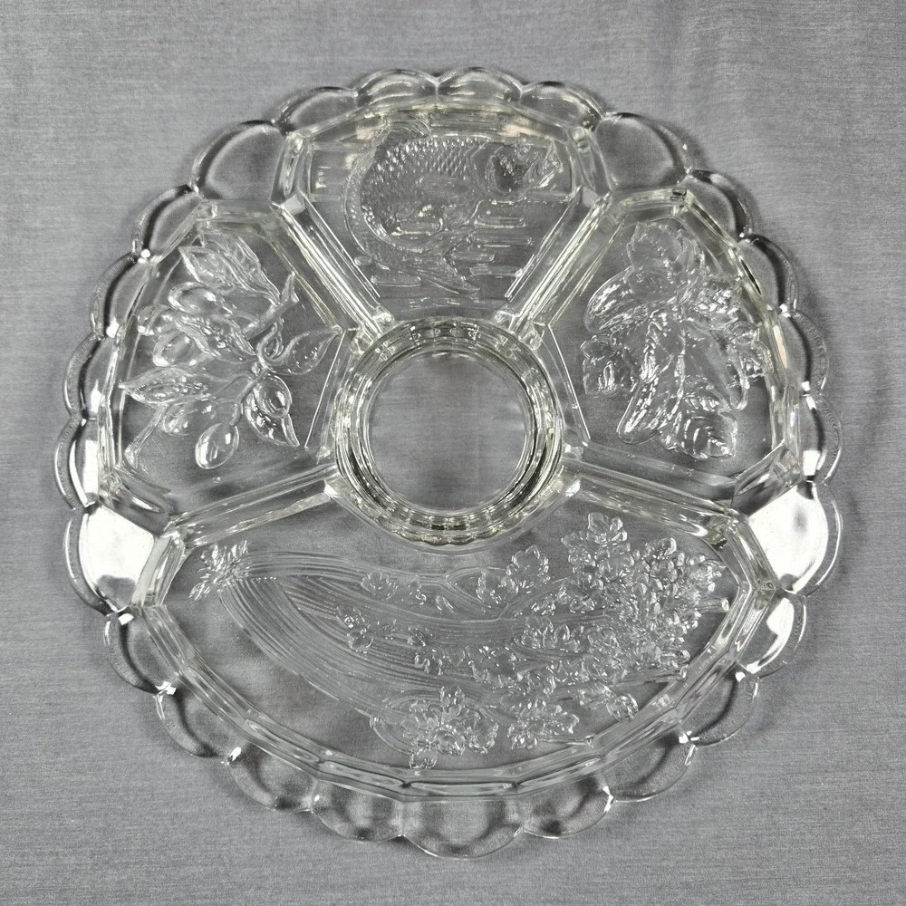 Vintage Clear Pressed Glass Divided Relish Tray‎ 5 Section Scalloped Floral 12